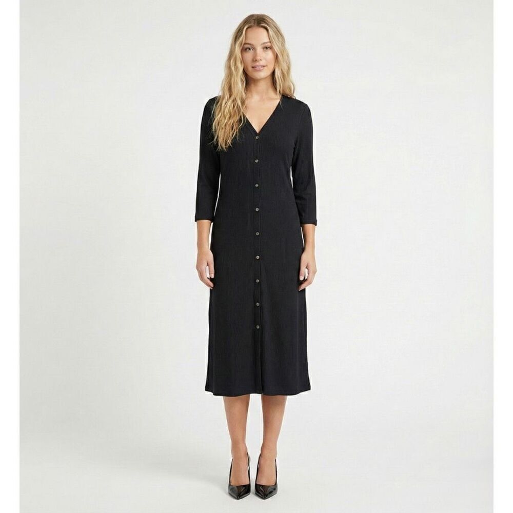 Rue De La Paix Ribbed Midi Dress 12 Black Button Front Minimalist Chic Career